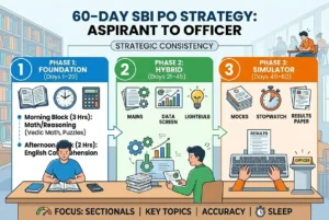 SBI PO study plan 60-day exam plan infographic showing foundation, hybrid execution, and simulator phases