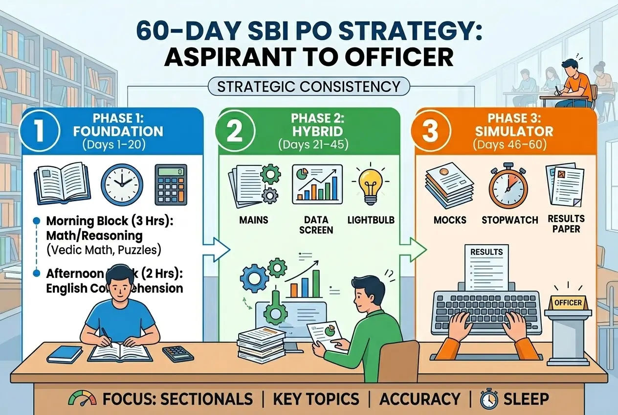 SBI PO study plan 60-day exam plan infographic showing foundation, hybrid execution, and simulator phases