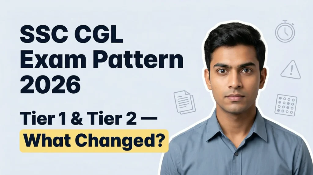 SSC CGL exam pattern 2026 — Tier 1 has 100 questions qualifying only, Tier 2 Paper 1 has 130 scoring questions across Maths, Reasoning, English and GA with 1-hour section time locks