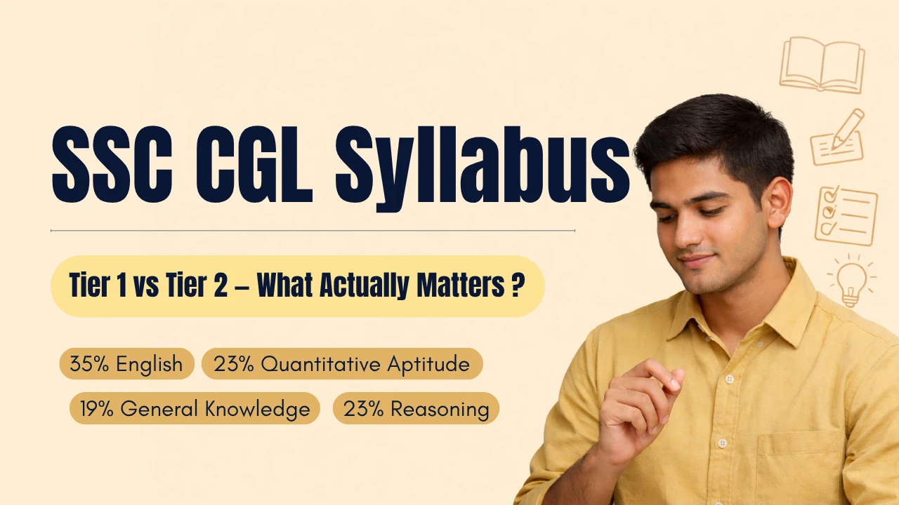 SSC CGL syllabus 2026 for Tier 1 and Tier 2 showing topic weightage: English 35%, Quantitative Aptitude 23%, Reasoning 23%, and General Awareness 19%, explaining how both tiers test the same subjects with different difficulty levels.