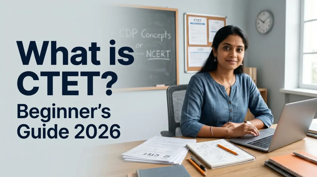An Indian teaching aspirant smiling at her desk with a laptop and CTET exam papers in a clean classroom, text overlay reads What is CTET Beginner Guide 2026.