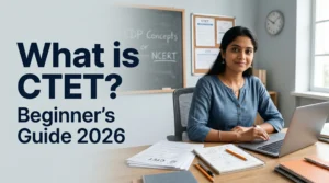 An Indian teaching aspirant smiling at her desk with a laptop and CTET exam papers in a clean classroom, text overlay reads What is CTET Beginner Guide 2026.