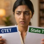 Confused teaching aspirant comparing CTET and TET before choosing the right teacher eligibility exam.