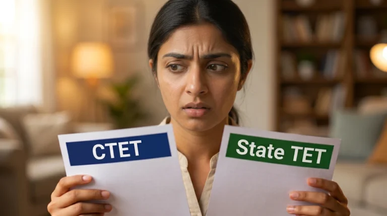 Confused teaching aspirant comparing CTET and TET before choosing the right teacher eligibility exam.