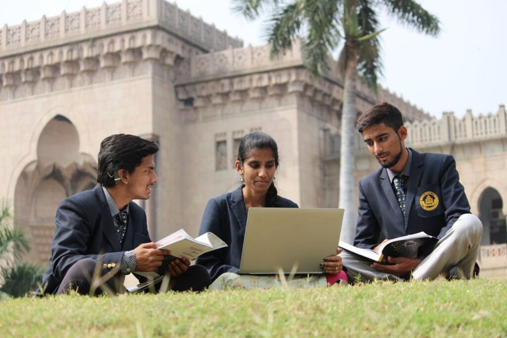 Young Indian students studying together on a college campus